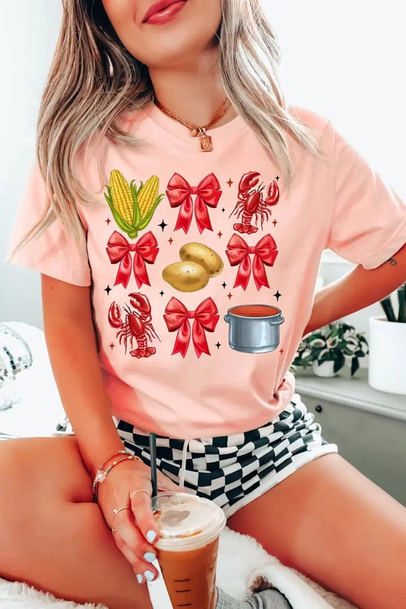 Pink Summer Food Bow Crawfish Printed T Shirt for Women - Love Salve